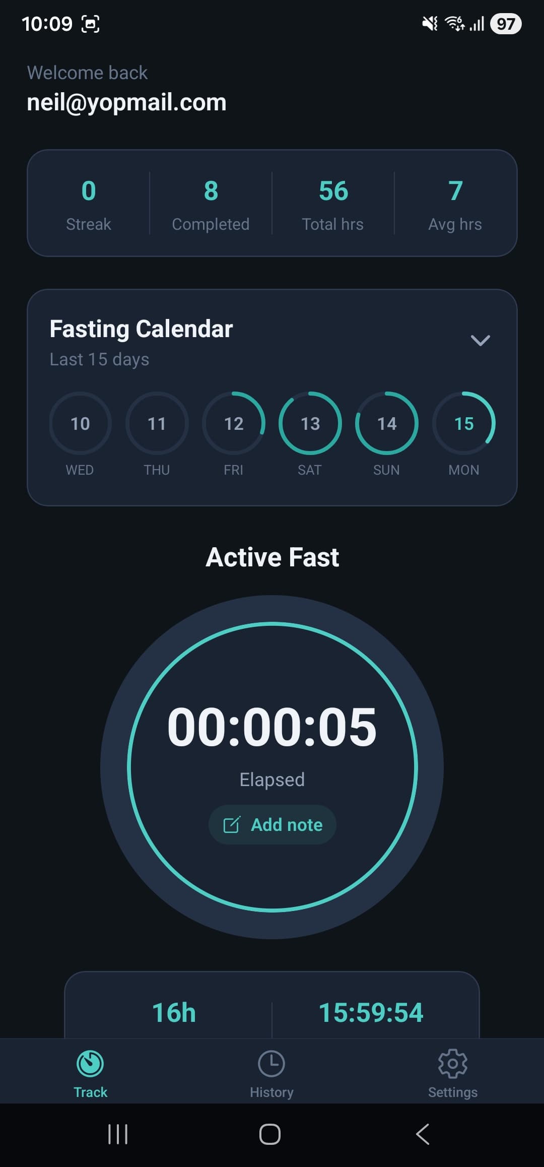 Fasting Tracker active fast screen with timer and calendar