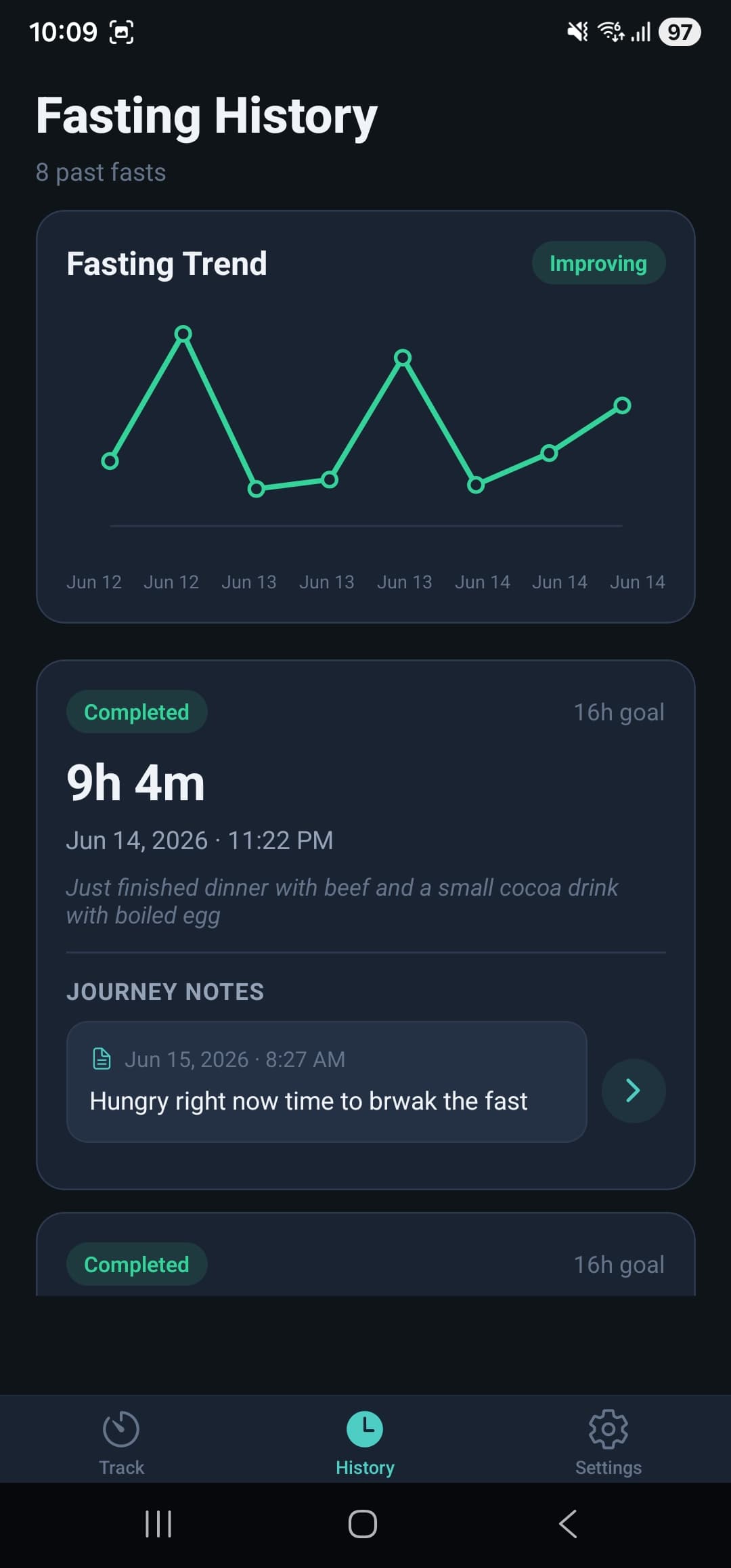 Fasting Tracker history and fasting statistics